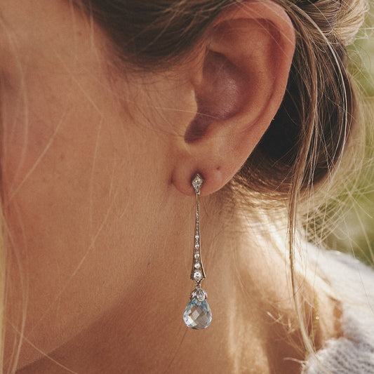 Detalle de los hermosos pendientes Béatrice, fabricados artesanalmente con oro y topacios sky en talla briolette.