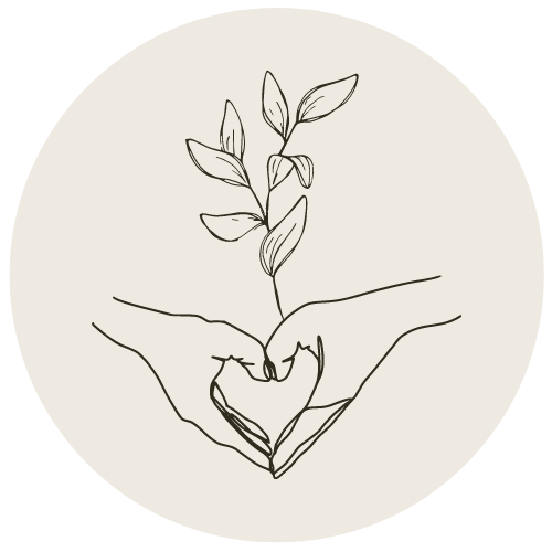 Icono marca ética y sostenible. Manos en forma de corazón acariciando una planta