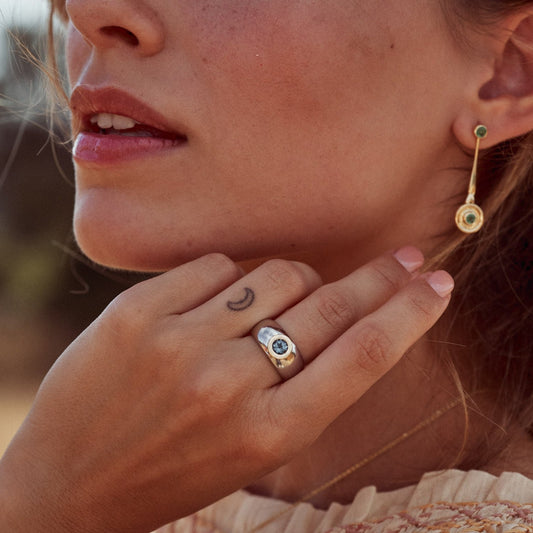 Detalle del Anillo Liliana, donde se muestra el bonito contraste entre oro y plata con el tono azul de su topacio London.